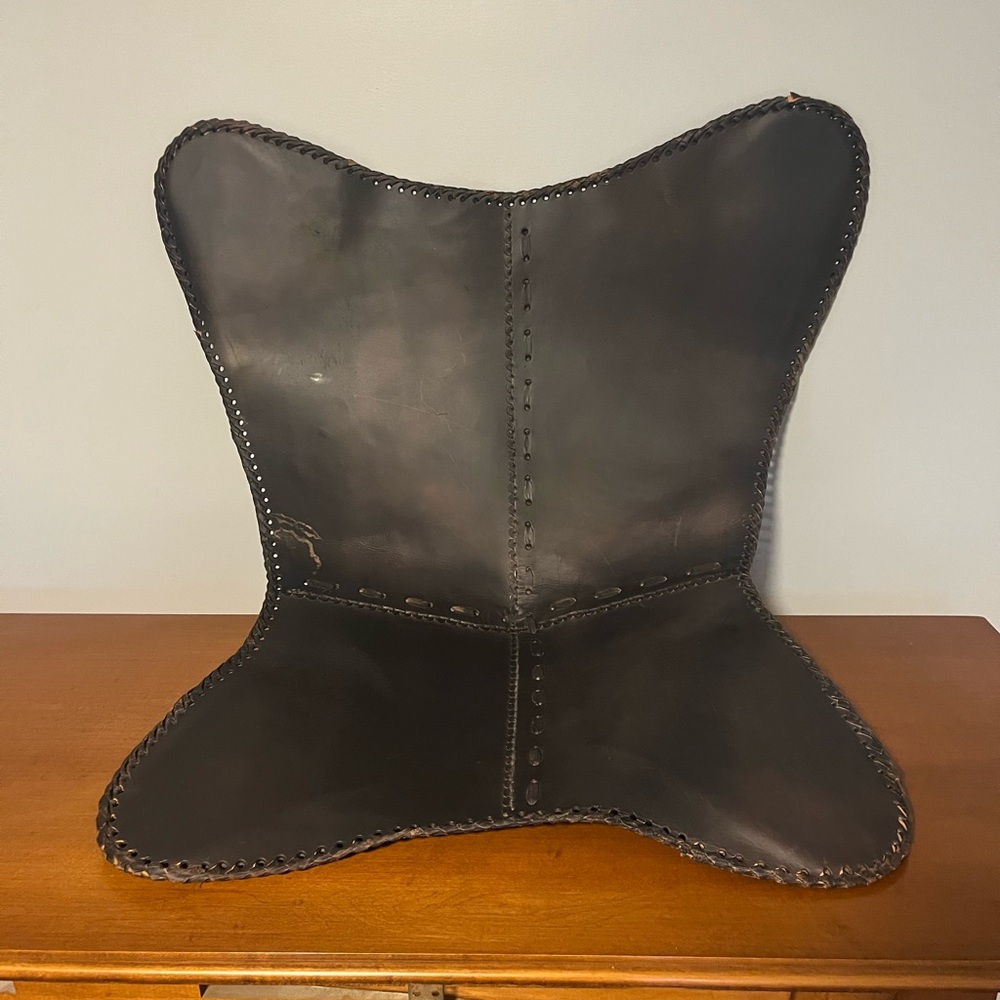 Leather butterfly chair cover - dark brown- distressed with stitching accents